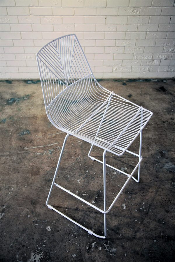 WHITE HIGH BACK BAR CHAIR 1_resized Trendy white wire dining chair with a metal frame and a comfy white cushion, a stylish addition to any decor available from RSVP Event Hire in Perth.