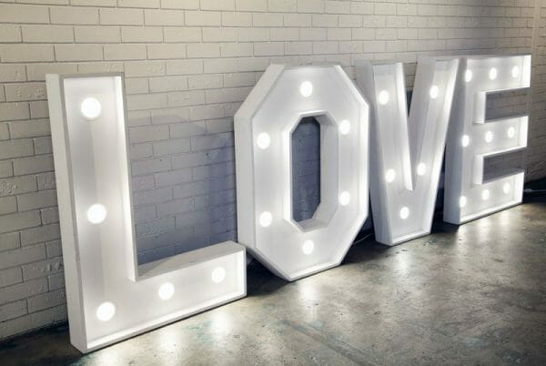 LOVE LETTERS 02_resized A glowing sign that says "LOVE" a charming addition for events, available for rental from RSVP Event Hire in Perth.