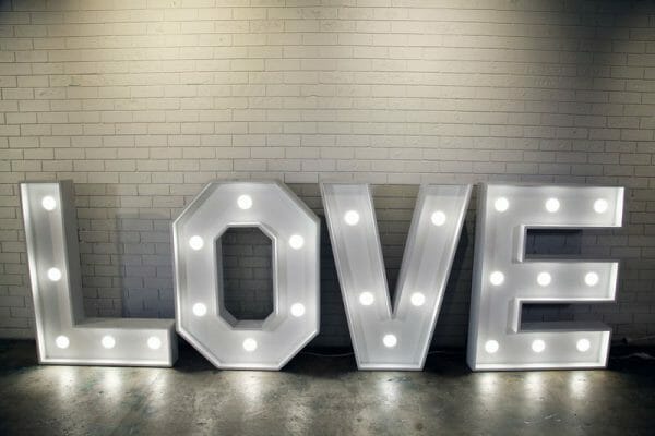 LOVE LETTERS 04_resized A bright white sign displaying the word "LOVE" ideal for events, offered for hire by RSVP Event Hire in Perth.