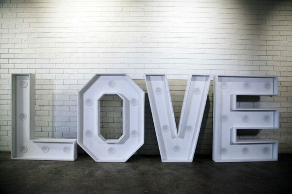 LOVE LETTERS 05_resized A large sign reading "LOVE" that can be illuminated, perfect for events, available for hire from RSVP Event Hire in Perth.