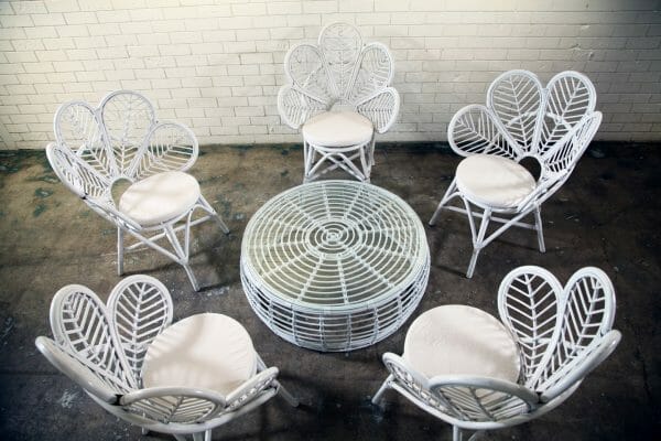 PEACOCK CHAIR 05_resize Elegant white wicker table and Peacock chairs with a round table, ideal for gatherings, offered by RSVP Event Hire in Perth.