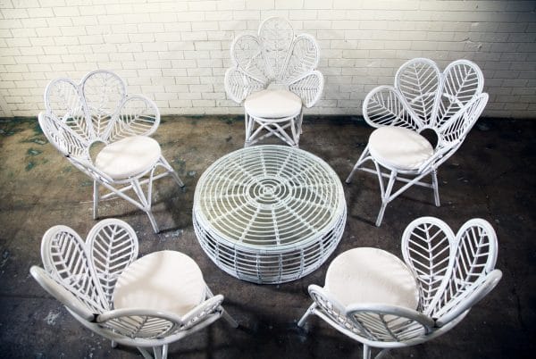 PEACOCK SETTING 04_resize A white wicker table and Peacock chairs set in a round design, perfect for events, available for hire from RSVP Event Hire in Perth.