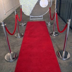 A luxurious 3-metre Red Carpet featuring six chic bollards from RSVP Event Hire in Perth, perfect for a glamorous event setup.